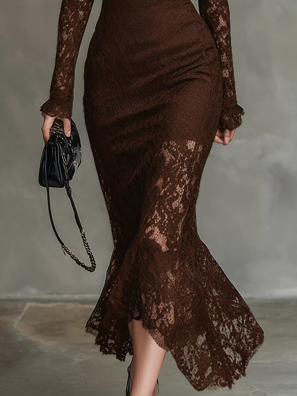 Exquisite High-neck Lace Fishtail Maxi Dress
