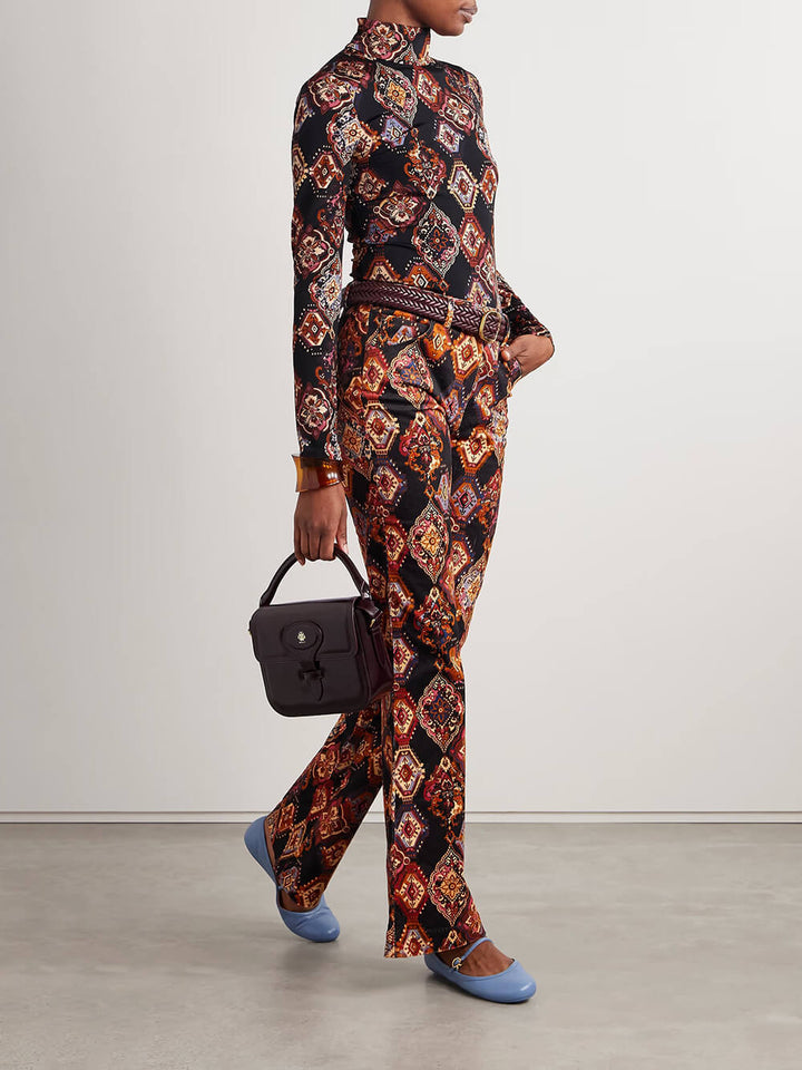 Retro Print Stretch Jersey Turtleneck Top