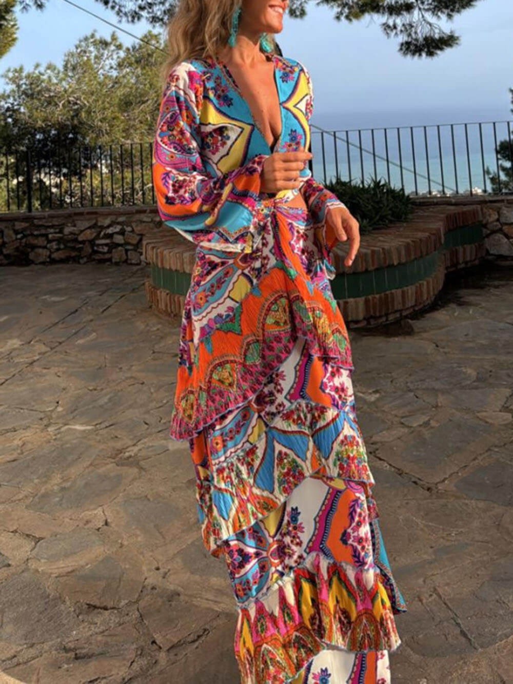 Unique Print Bell Sleeve Cutout Waist Layered Maxi Dress