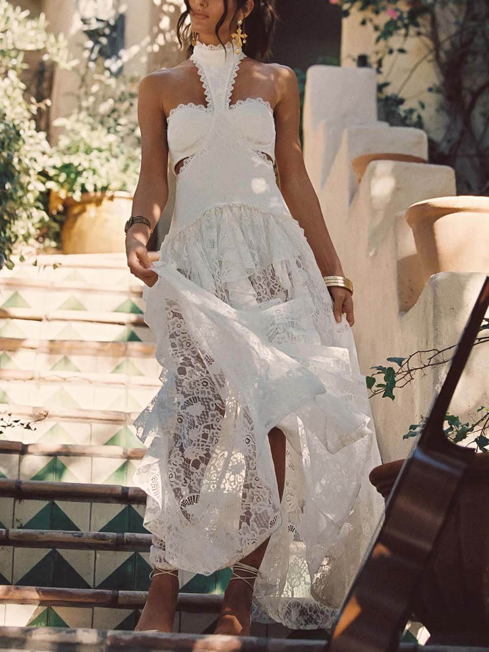 Delicate Lace High-Neck Cut-Out Ruffle Maxi Dress
