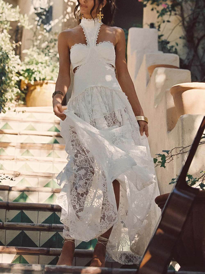 Delicate Lace High-Neck Cut-Out Ruffle Maxi Dress