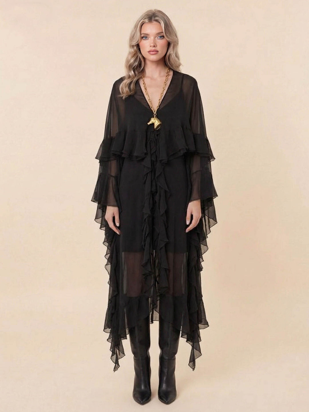 Elegant Tulle Ruffled Flowy Beach Maxi Dress