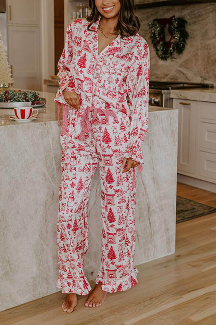 Christmas Print Satin Loose Shirt and Elastic Waist Pocketed Pajama Set