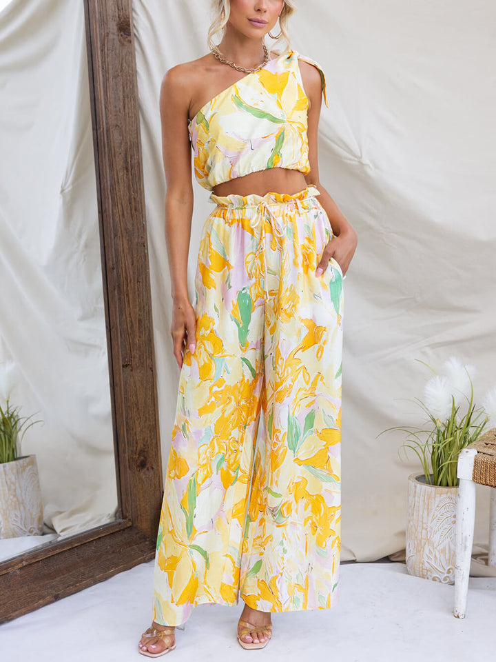 Casual Floral Print Elastic Waist Pocket Loose Wide Leg Pants