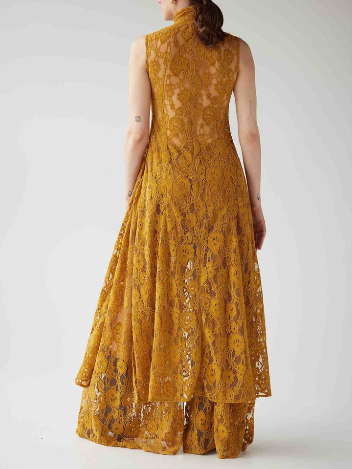 Elegant High-neck Lace Slit Long Top Two-piece Set