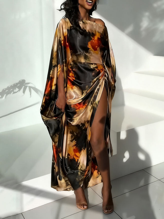 Elegant One-shoulder Tie-dye Printed Pleated Maxi Dress