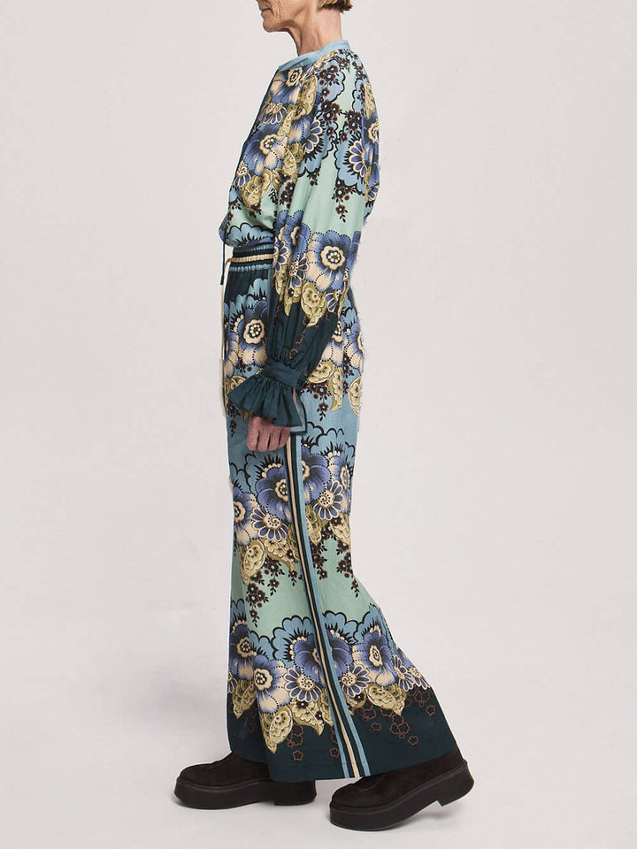 Classic Unique Floral Print Colorblocked Lace-Up Pockets Elastic Waist Wide-Leg Pants
