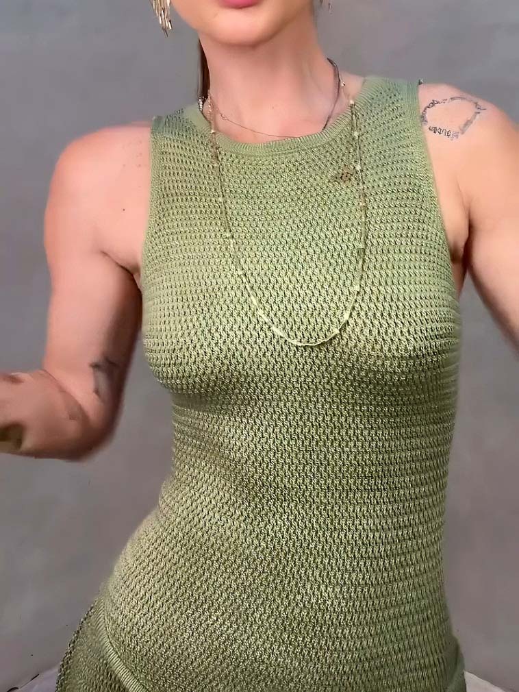 Unique Split-hem Cutout Knit Sleeveless Maxi Dress