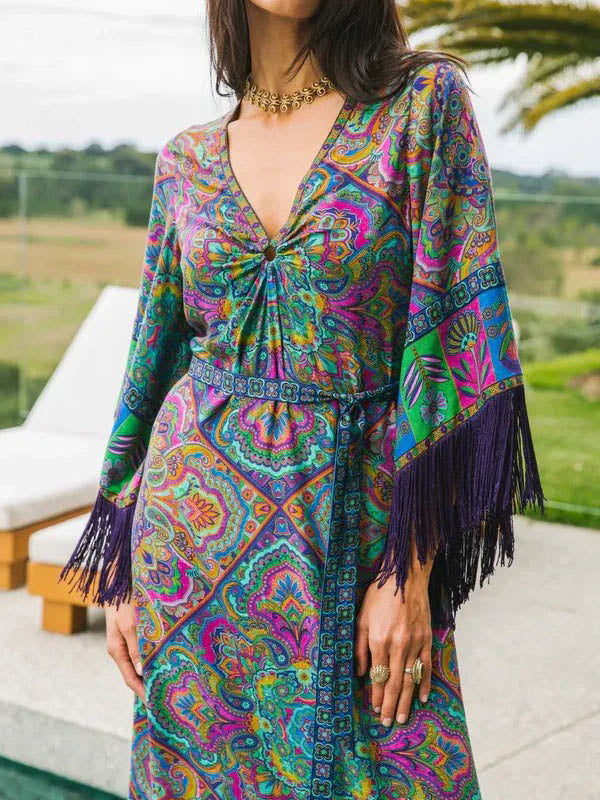 Retro Bohemian Print Fringed Maxi Dress
