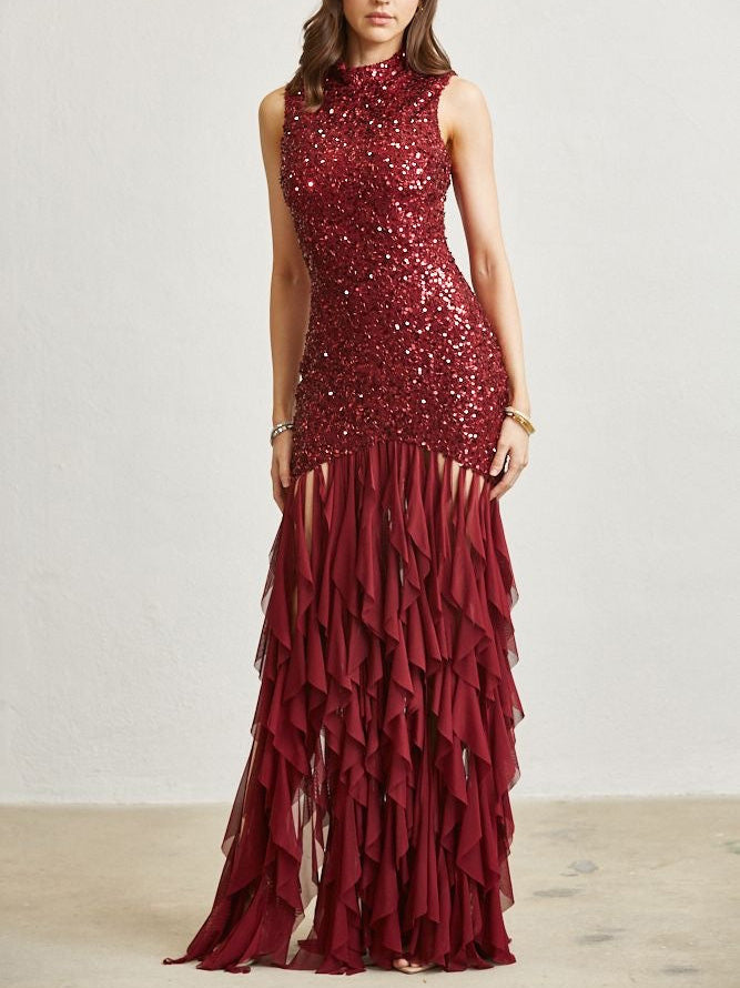 Elegant Sequined Backless High-neck Maxi Dress