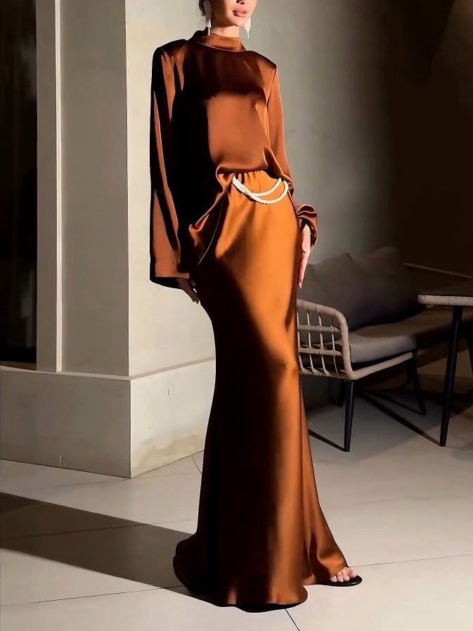 Elegant Satin Top And Skirt Two-piece Set