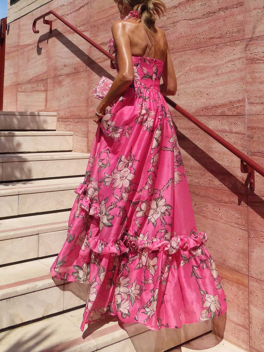 Exquisite Floral Print Ruffled Halterneck Maxi Dress
