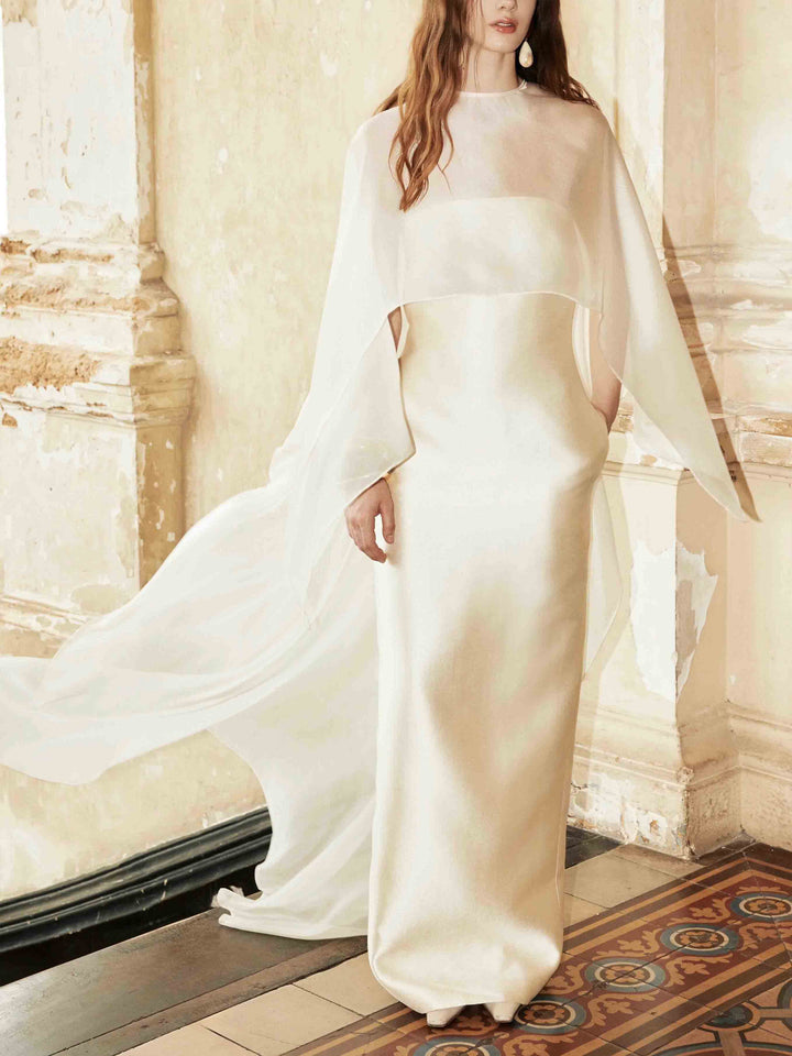Elegant Sheer Cape Overlay Satin Maxi Dress