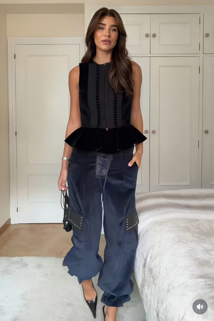 Retro Fashion Ruffled Sleeveless Vest Corduroy Drawstring Tapered Pants Set