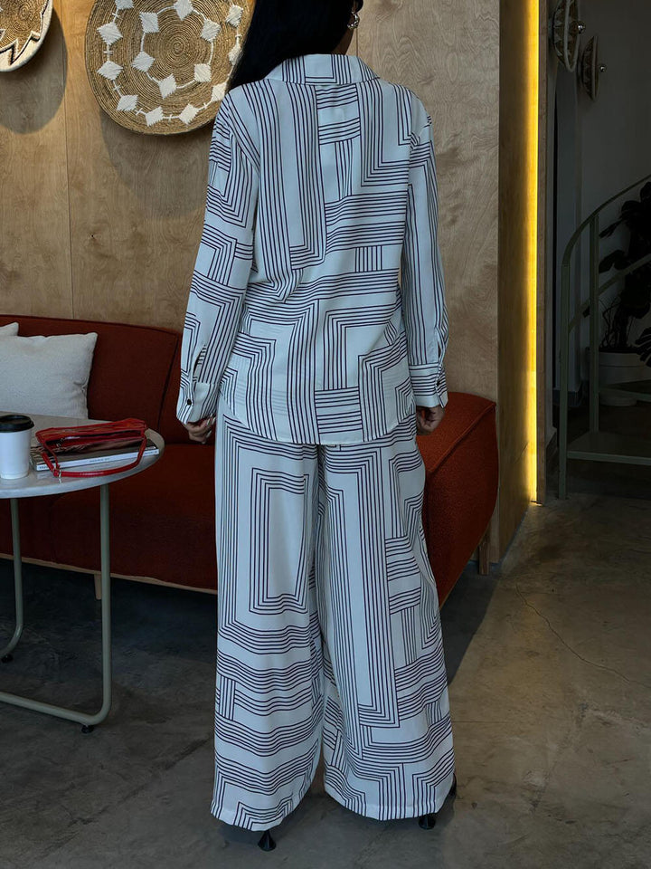 Beauty Unique Geometric Stripe Print Long Sleeve Shirt And Elastic Waist Pants Set