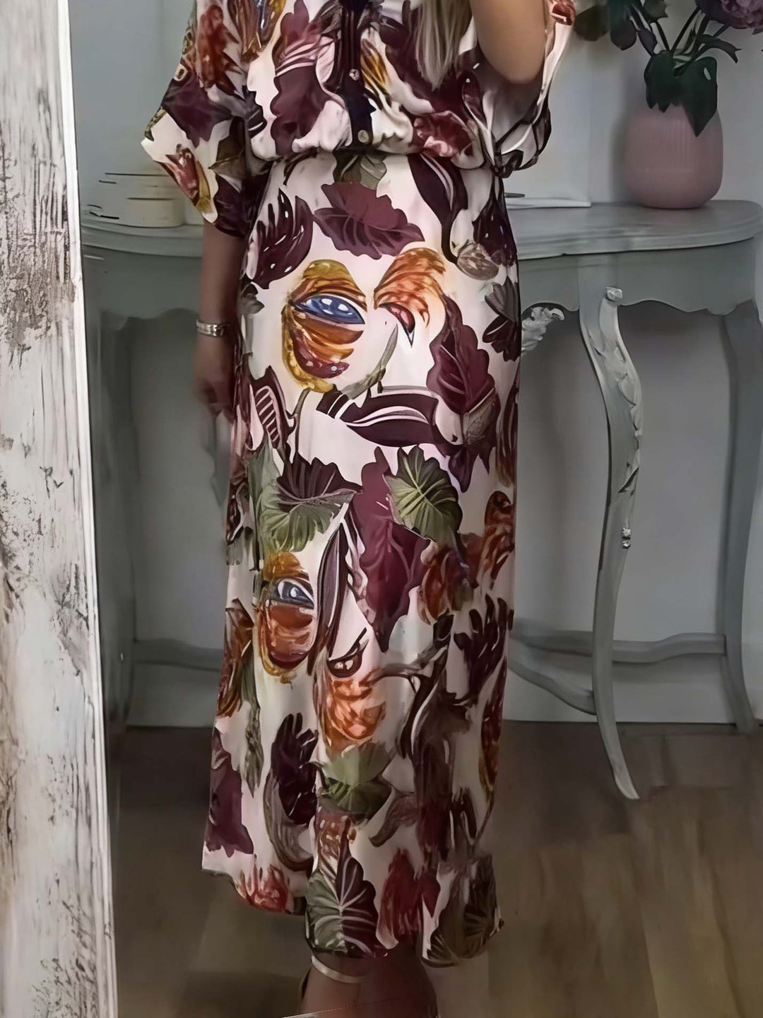 Retro Jungle Palm Leaf Satin Print Batwing Sleeve Shir