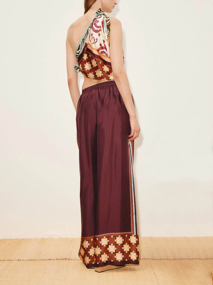 Unique Paisley Color-Block Satin Elastic Waist Wide-Leg Pants