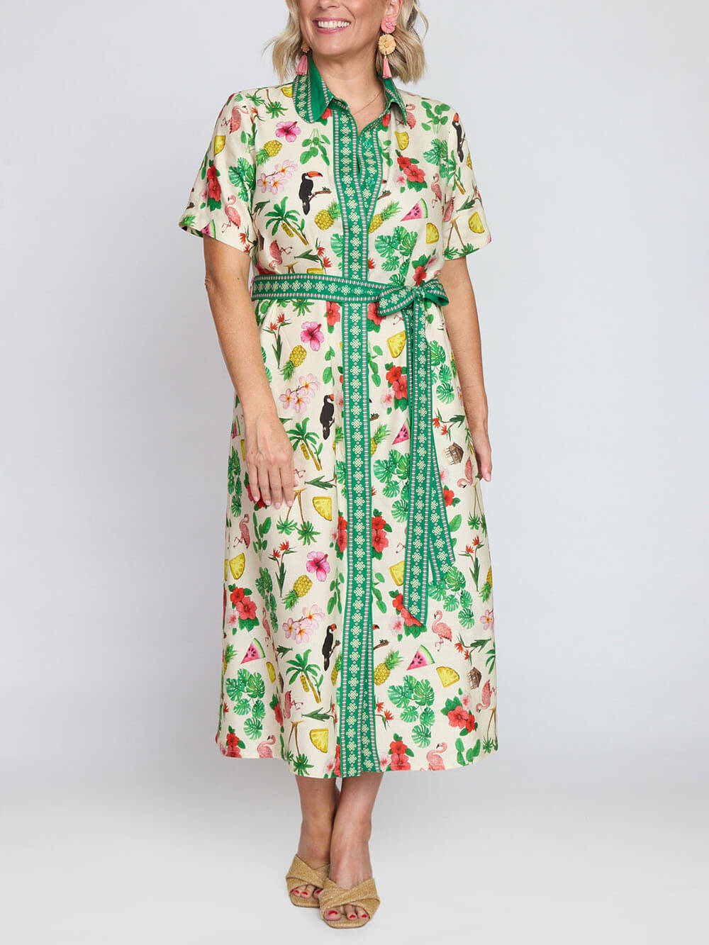 Modern Fruity Floral Unique Print Loose Tie Midi Shirtdress