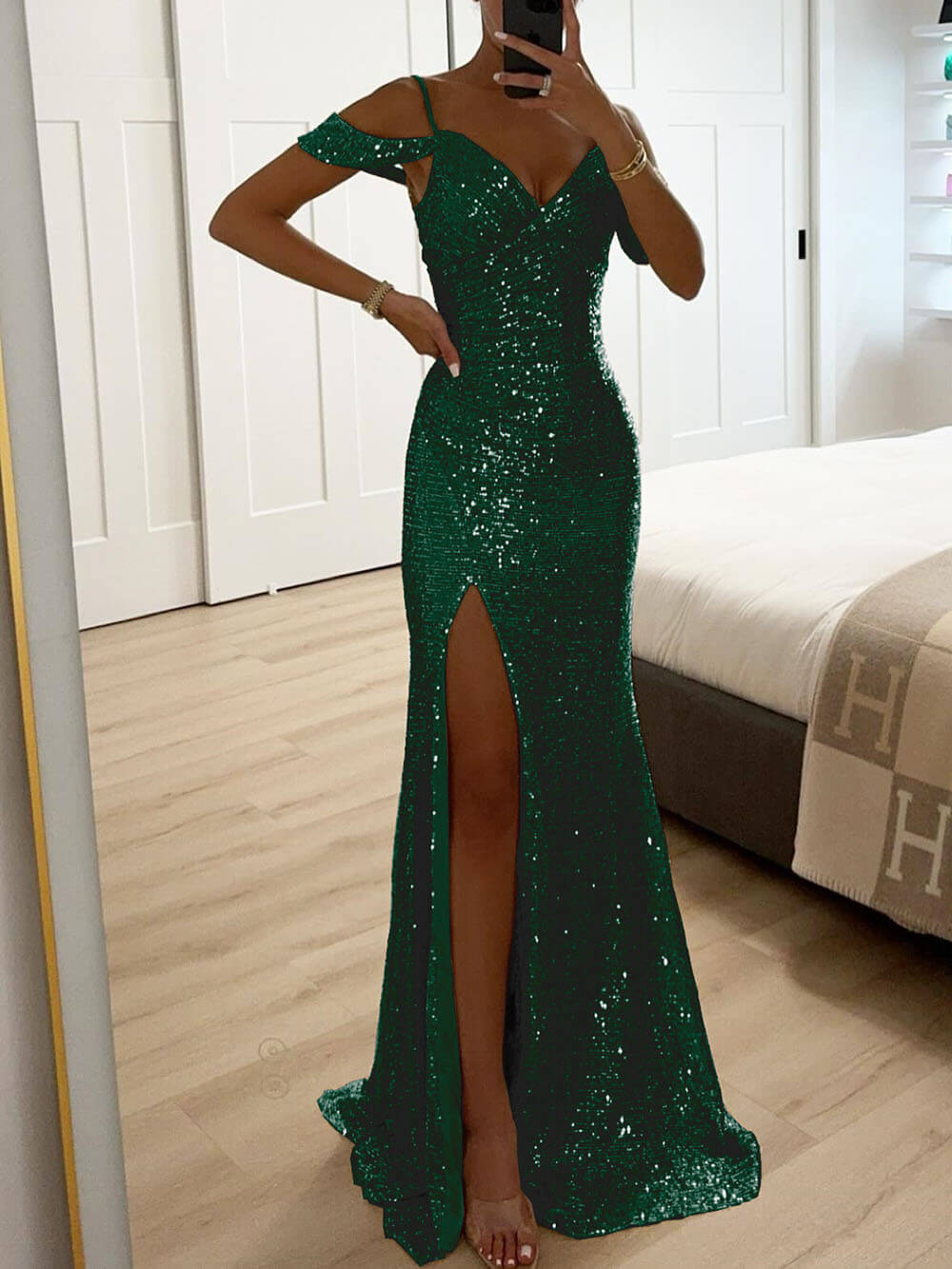 Elegant V-Neck Sequin Side-Slit Sleeveless Gown Maxi Dress
