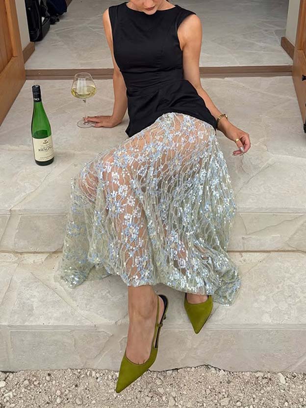 Exquisite Iridescent Lace Sheer Maxi Skirt