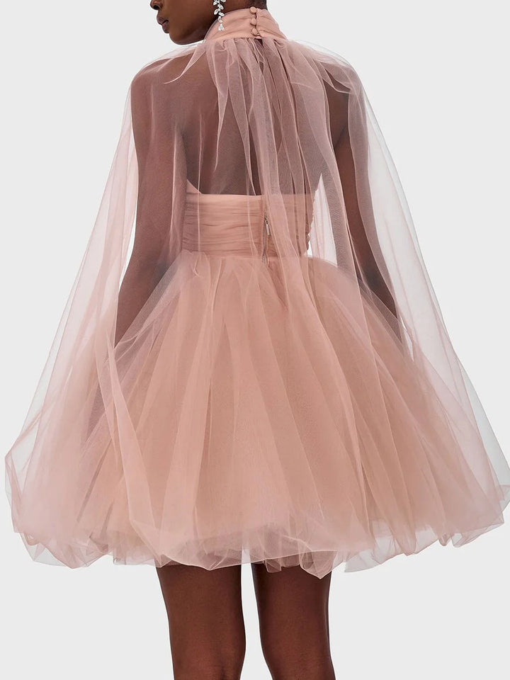 Elegant V-neck Cape Tulle Mini Dress
