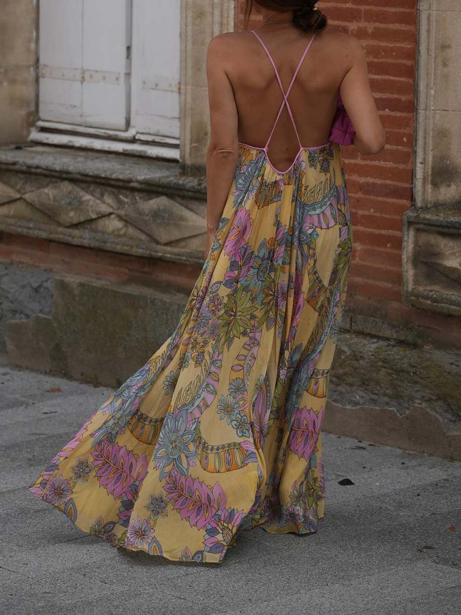 Exquisite Bohemian Print Chiffon Flowy Maxi Dress