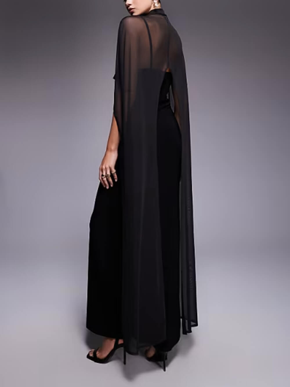 Sexy Black V-neck Sleeveless Sheer Fit Shawl-Style Spaghetti Strap Maxi Dress