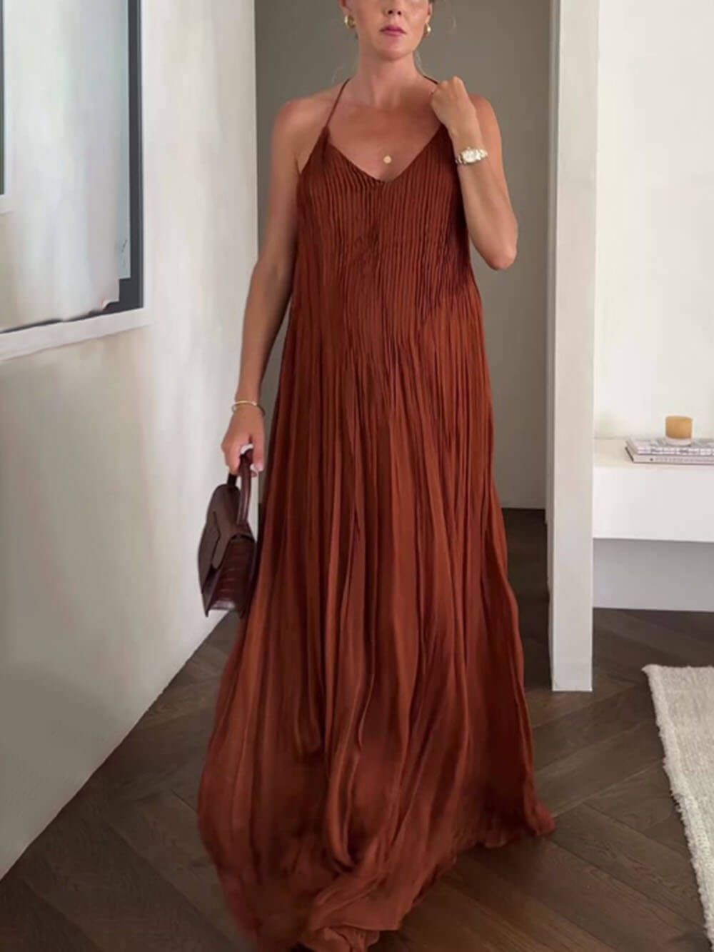 Unique And Fashionable Pleated Suspender Loose Maxi Dress