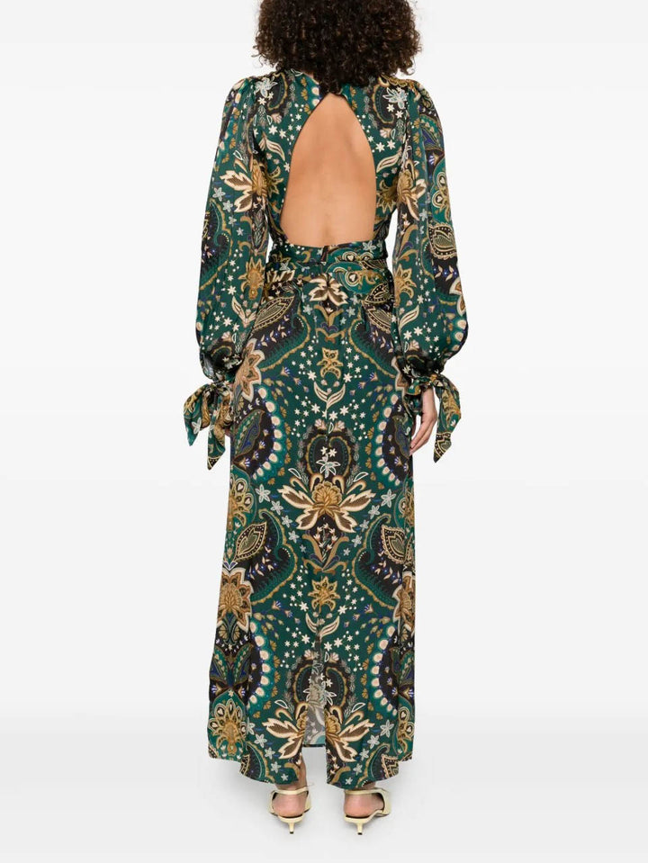 Exquisite Retro Paisley Print Belted Maxi Dress