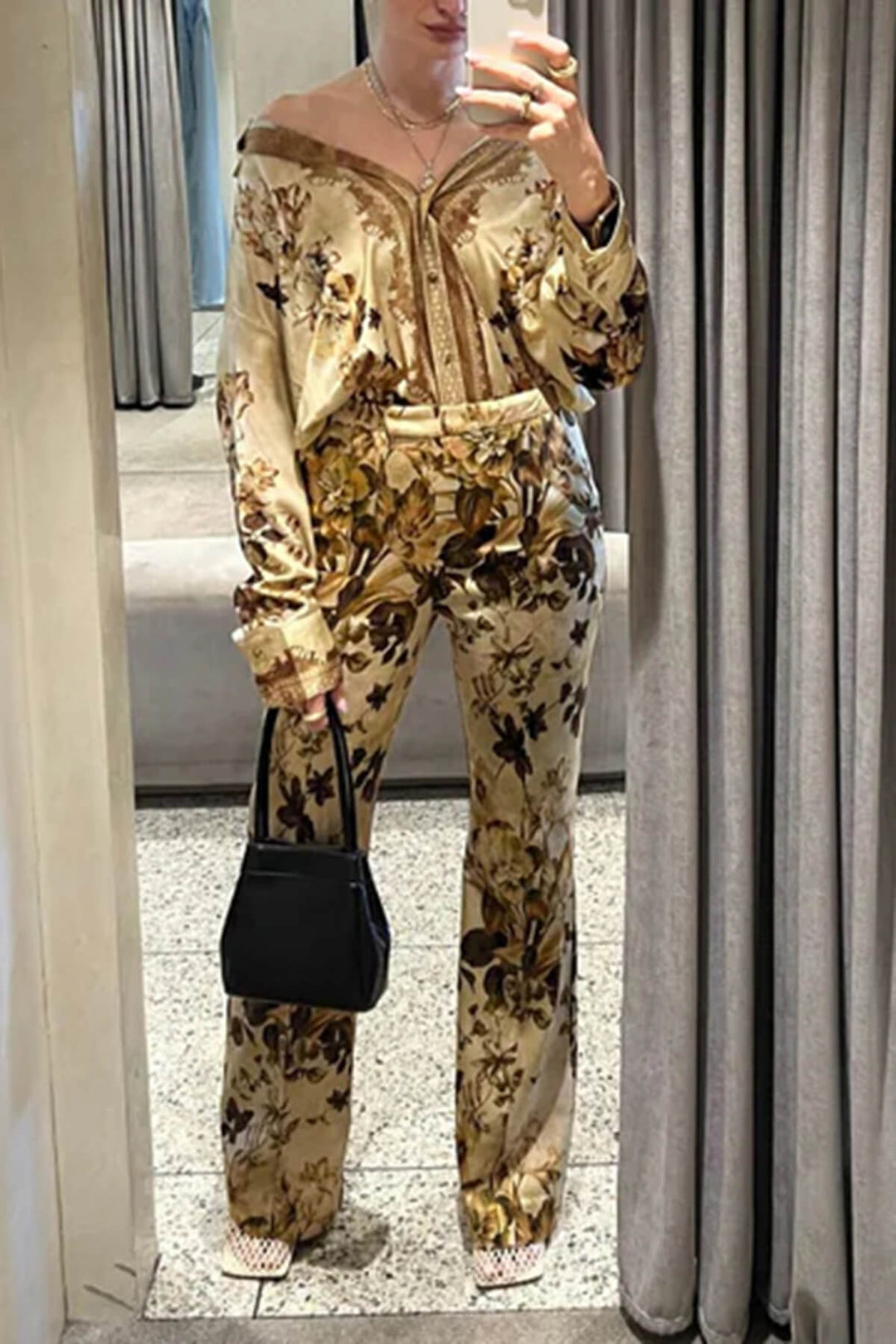 Unique Modern Floral Print High-Waisted Pocket Straight-Leg Pants