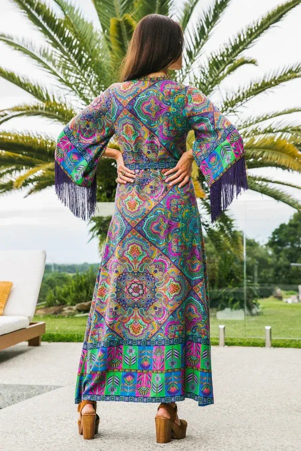 Retro Bohemian Print Fringed Maxi Dress
