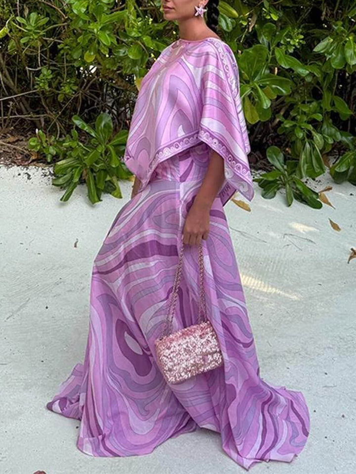 Casual Satin Placement Print Flared Maxi Skirt