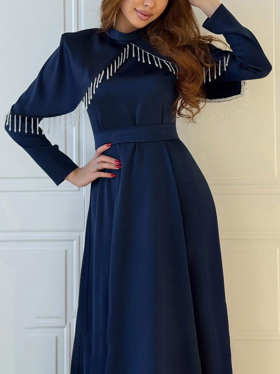 Elegant Satin Cape-Detail Long-Sleeve Maxi Dress