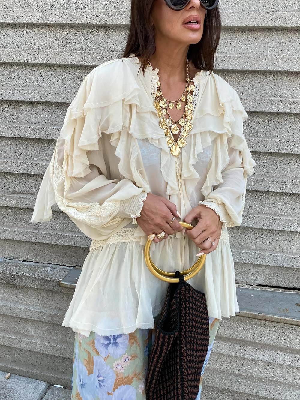 Boho Chiffon Floral Print Elastic Waist Tie-up Hem Balloon Pants