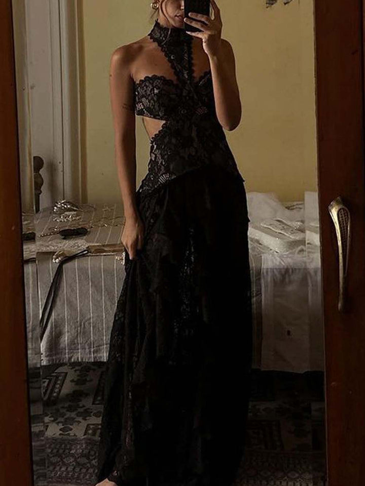 Delicate Lace High-Neck Cut-Out Ruffle Maxi Dress