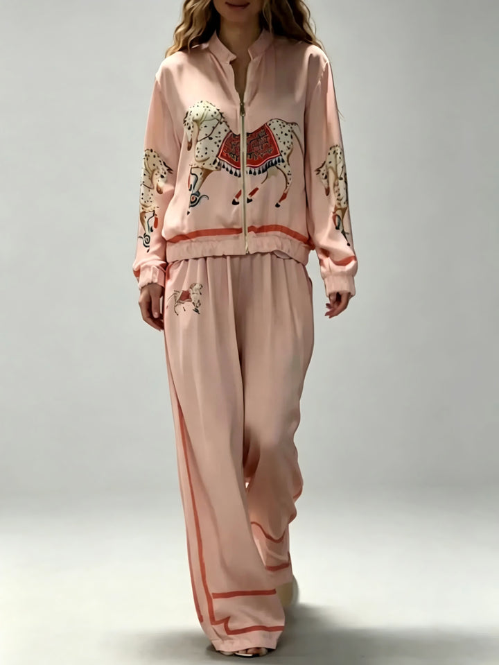 Exquisite Satin Horse Print Wide-Leg Pants