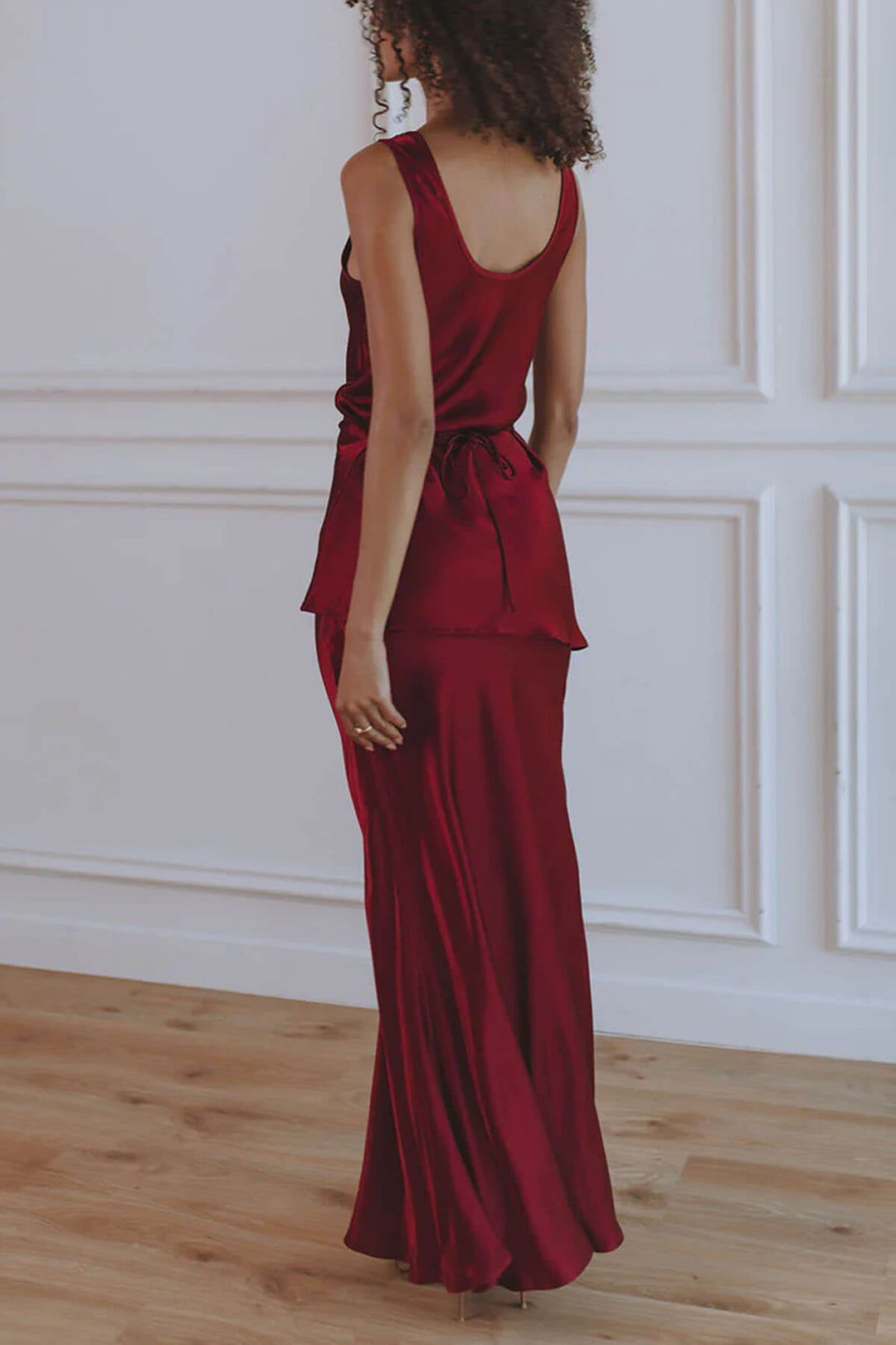 Elegant Asymmetrical Round Neck Satin Top and Fishtail Skirt Set