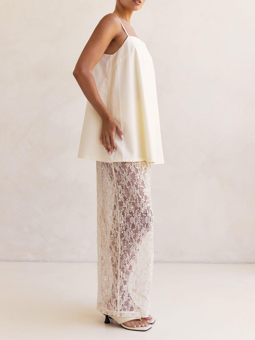 Elegant Off-Shoulder Strap A-Line Top Sheer Sequin Lace High-Waist Maxi Skirt Set