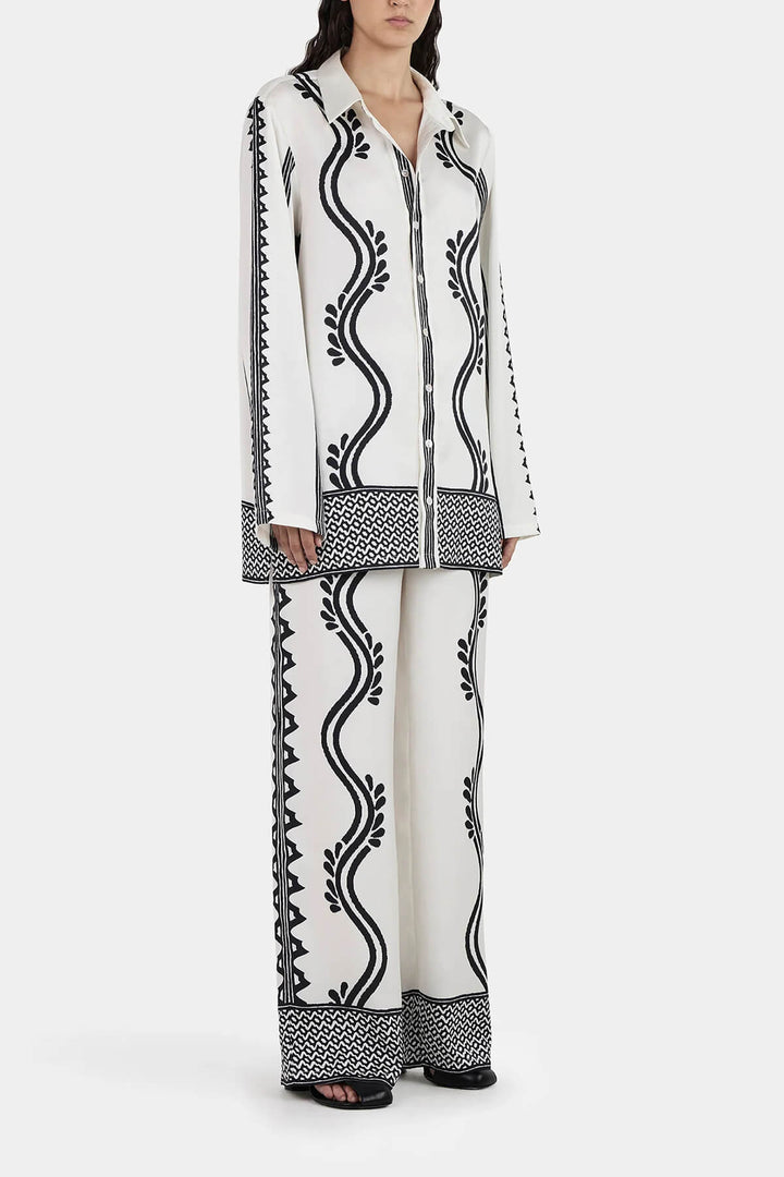 Retro Geometric Wave Print Loose Button-Down Shirt