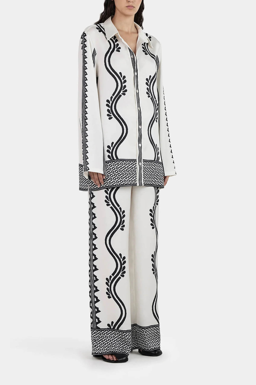 Retro Geometric Wave Print Elastic Drawstring Straight Leg Trousers