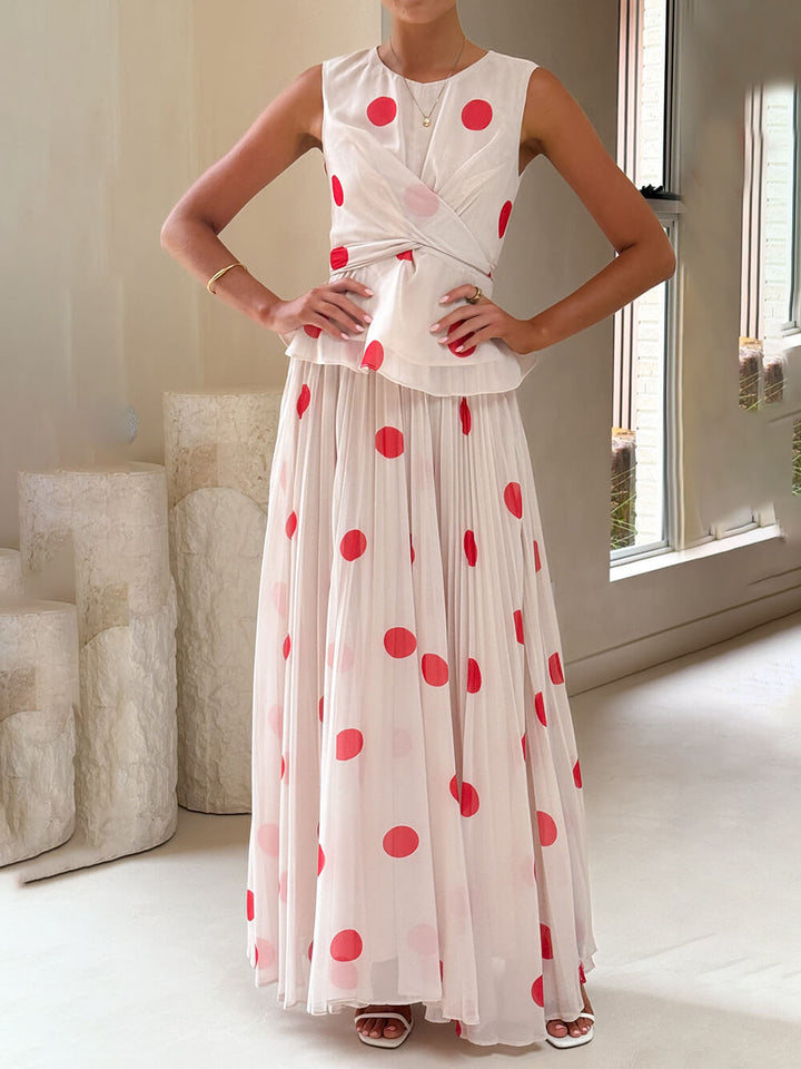 Delicate Red Polka Dot Print Ruffled Cross-Over Top