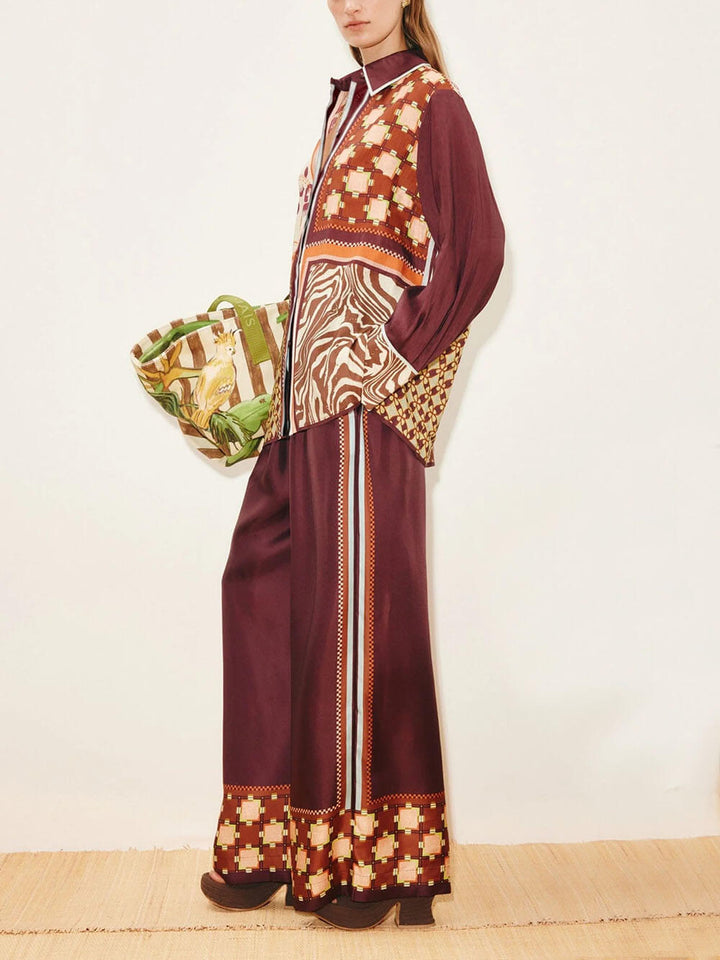 Unique Paisley Color-Block Satin Elastic Waist Wide-Leg Pants