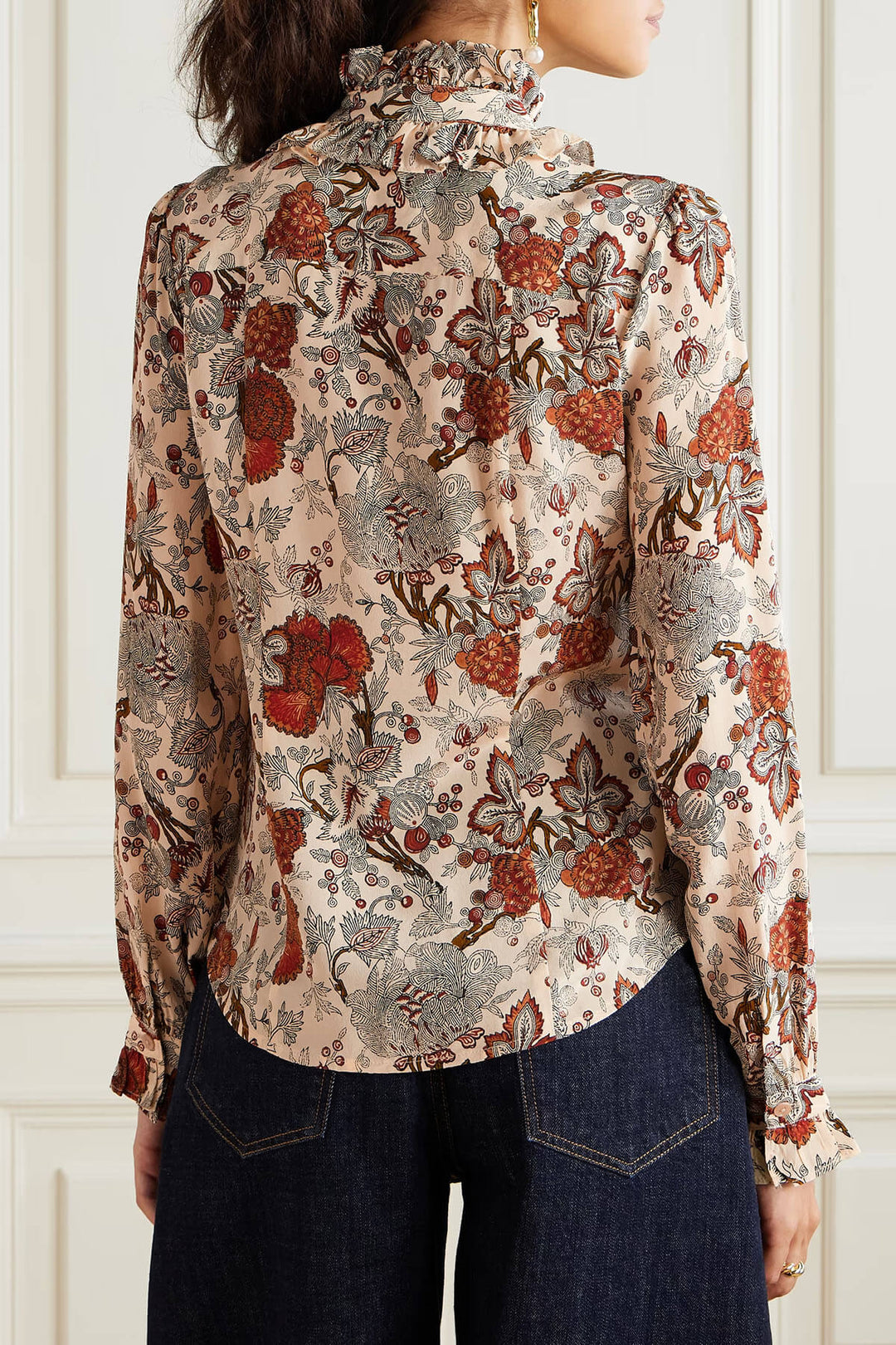 Unique Pussy-Bow Floral-Print Satin Blouse