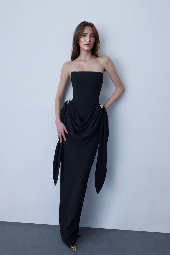 Elegant Black Strapless Ruched Metal Buckle Detail Maxi Dress