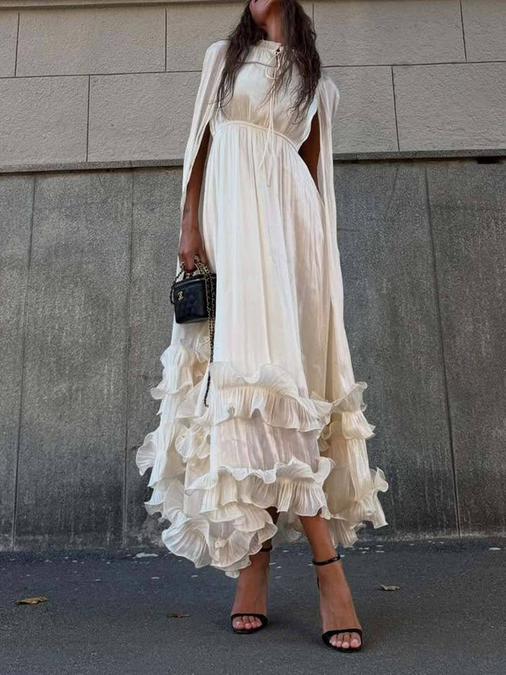 Exquisite Fashionable V-neck Lace-up Ruffled Double-layer Hem Maxi Dress