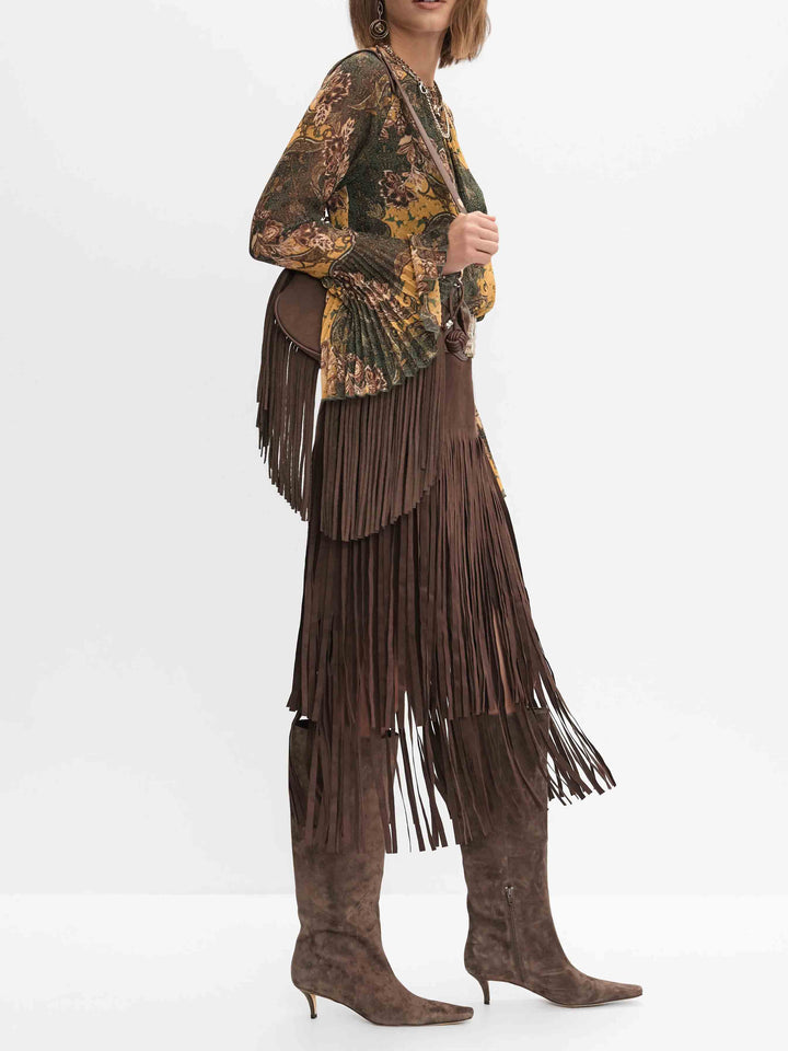 Retro Paisley Print Bell-sleeve Shirt Two-piece Set