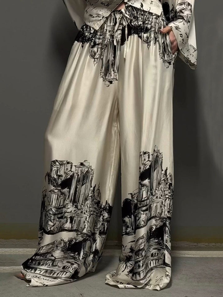 Architectural Print Satin Wide-Leg Pants