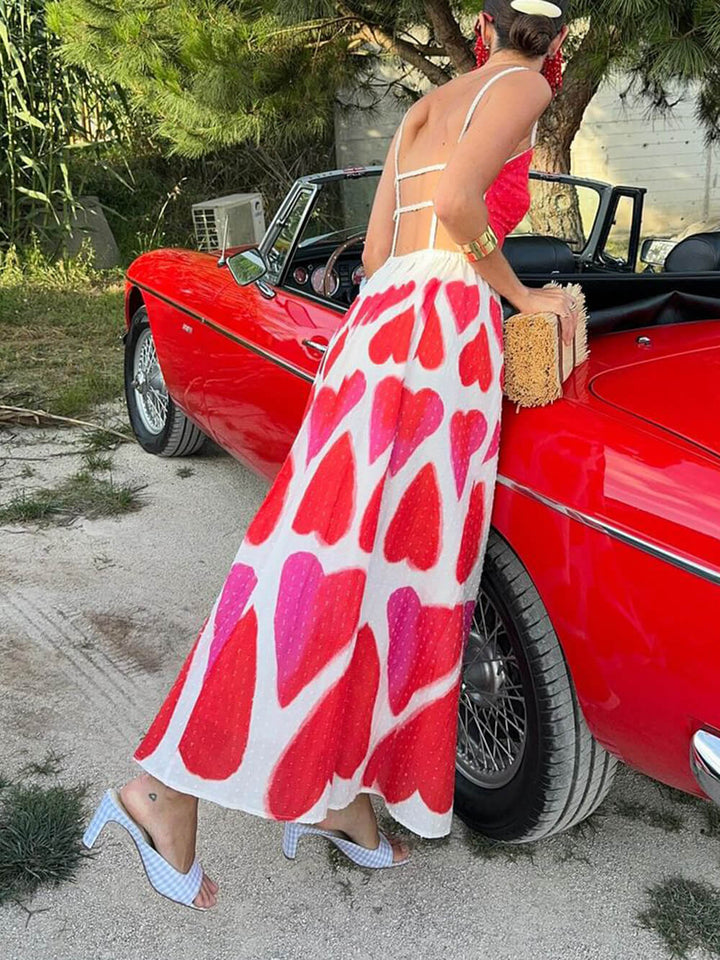 Elegante maxi-jurk met geschilderde harten en print