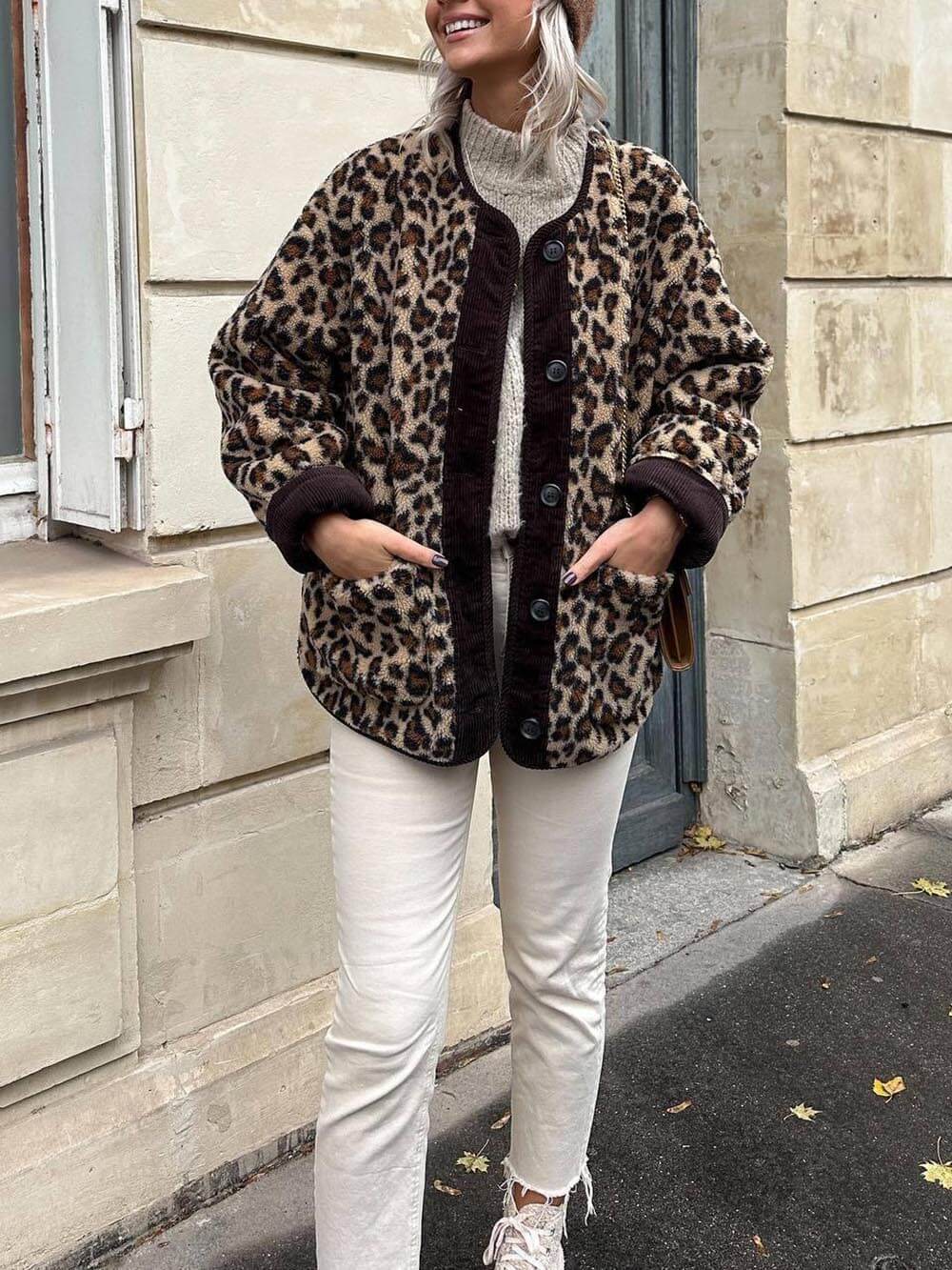 Chaqueta informal holgada de manga larga con estampado de leopardo