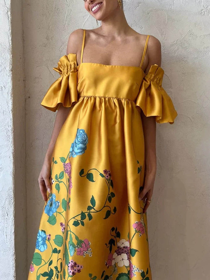 Vestido midi estampado calêndula manga franzida com bolsos linha A